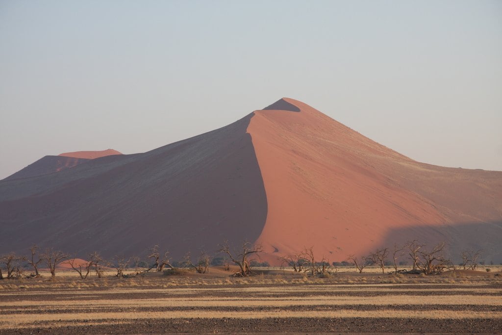 A tall pink dune under a pale sky