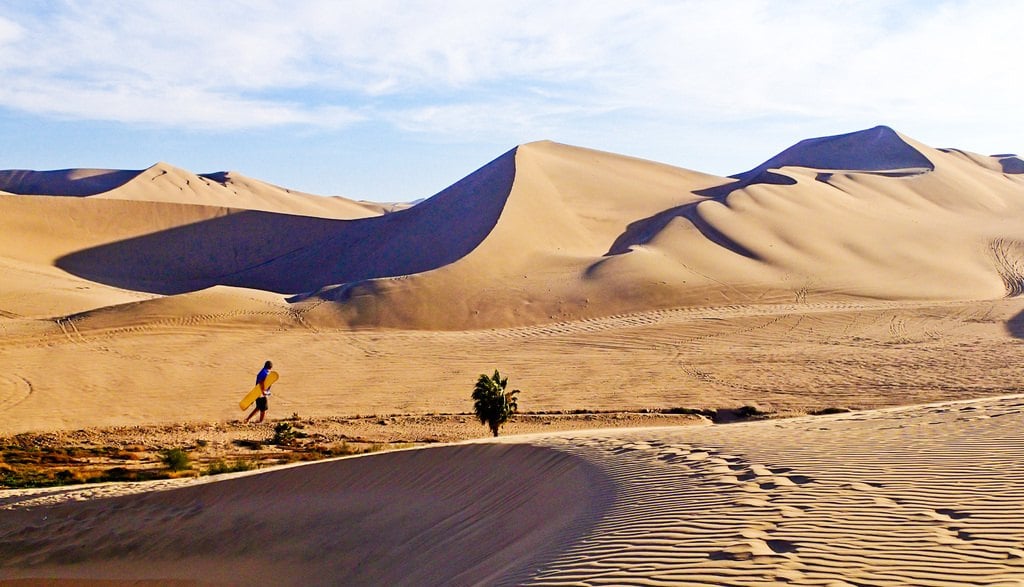 Bright dunes with long blue shadows