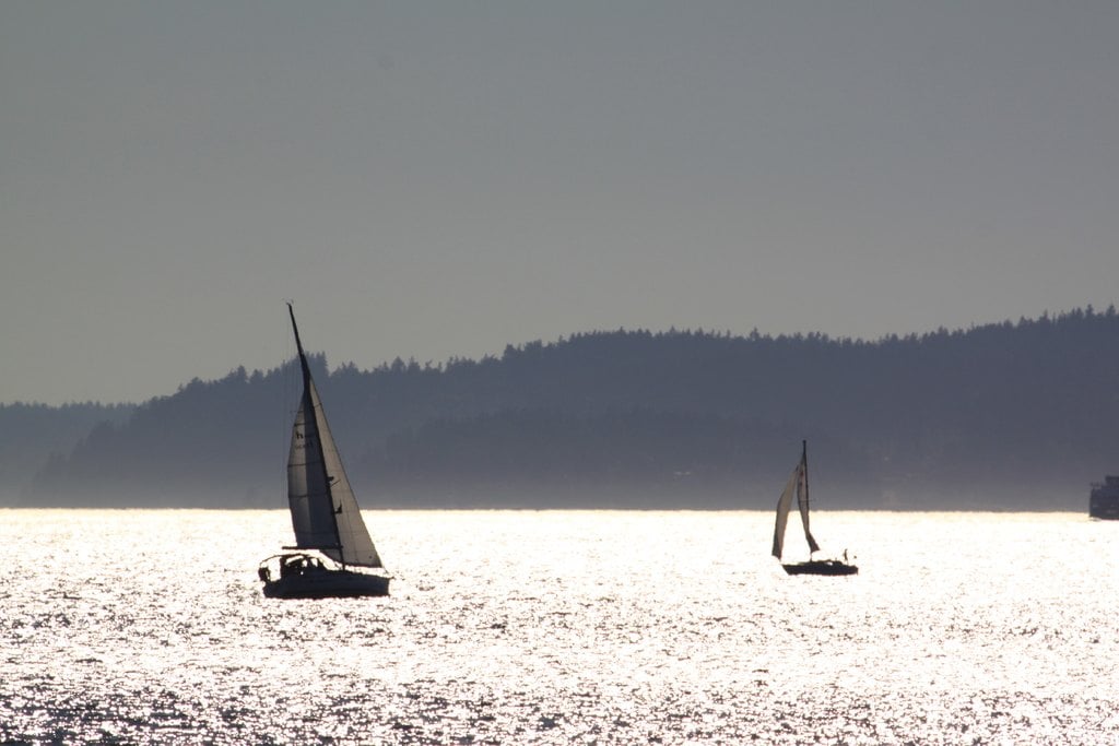 Two sailboats on silver water against dark hills